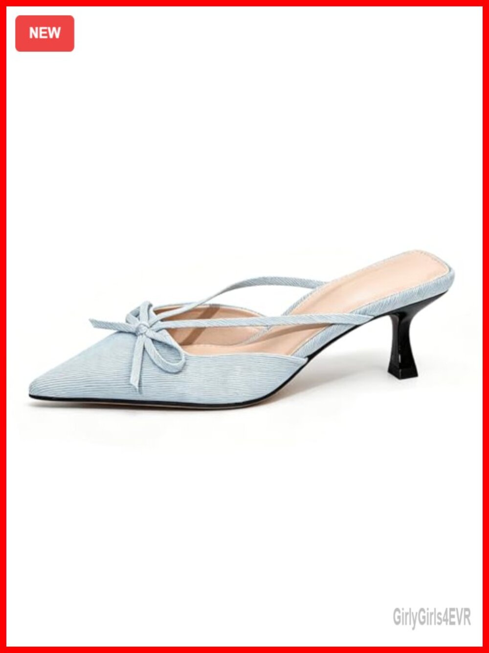 Denim Strappy Kitten Heel Mules Bow Pointed Toe Dress Sandals